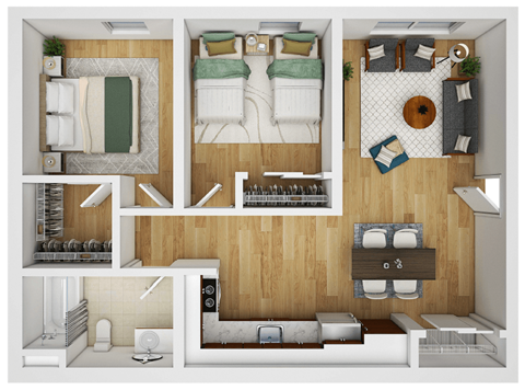 Floor plan for 2 beds, 1 bath, 757 sqft
